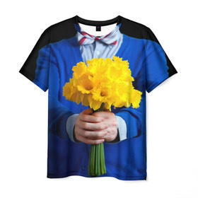 Мужская футболка 3D с принтом Цветы в руках , 100% полиэфир | прямой крой, круглый вырез горловины, длина до линии бедер | бабочка