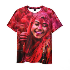 Мужская футболка 3D с принтом Фестиваль красок Холи , 100% полиэфир | прямой крой, круглый вырез горловины, длина до линии бедер | festival | festival of colors | holi | весны | девушка | индия | индуистский фестиваль | красная | красок | холи