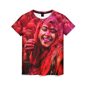 Женская футболка 3D с принтом Фестиваль красок Холи , 100% полиэфир ( синтетическое хлопкоподобное полотно) | прямой крой, круглый вырез горловины, длина до линии бедер | festival | festival of colors | holi | весны | девушка | индия | индуистский фестиваль | красная | красок | холи