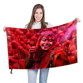 Флаг 3D с принтом Фестиваль красок Холи , 100% полиэстер | плотность ткани — 95 г/м2, размер — 67 х 109 см. Принт наносится с одной стороны | festival | festival of colors | holi | весны | девушка | индия | индуистский фестиваль | красная | красок | холи