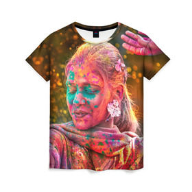 Женская футболка 3D с принтом Индуистский фестиваль красок , 100% полиэфир ( синтетическое хлопкоподобное полотно) | прямой крой, круглый вырез горловины, длина до линии бедер | 