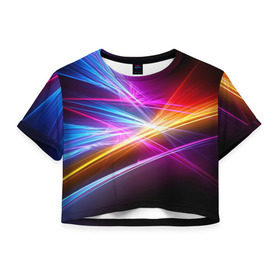 Женская футболка 3D укороченная с принтом Лучи , 100% полиэстер | круглая горловина, длина футболки до линии талии, рукава с отворотами | кислотный | лучи | обстракция | радуга | свет | спектр | цвет | цвета | яркие