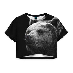 Женская футболка 3D укороченная с принтом Медведь , 100% полиэстер | круглая горловина, длина футболки до линии талии, рукава с отворотами | Тематика изображения на принте: бурый | дикий | животное | медведь | россия | символ | тайги | фото | хищник | хозяин | черно белое