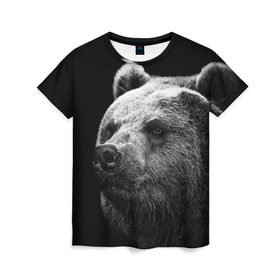 Женская футболка 3D с принтом Медведь , 100% полиэфир ( синтетическое хлопкоподобное полотно) | прямой крой, круглый вырез горловины, длина до линии бедер | Тематика изображения на принте: бурый | дикий | животное | медведь | россия | символ | тайги | фото | хищник | хозяин | черно белое