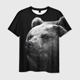Мужская футболка 3D с принтом Медведь , 100% полиэфир | прямой крой, круглый вырез горловины, длина до линии бедер | Тематика изображения на принте: бурый | дикий | животное | медведь | россия | символ | тайги | фото | хищник | хозяин | черно белое