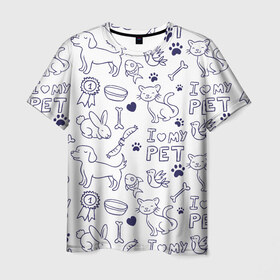 Мужская футболка 3D с принтом Я люблю своих питомцев , 100% полиэфир | прямой крой, круглый вырез горловины, длина до линии бедер | Тематика изображения на принте: животные | коты | любовь | собаки
