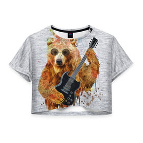 Женская футболка 3D укороченная с принтом Медведь с гитарой , 100% полиэстер | круглая горловина, длина футболки до линии талии, рукава с отворотами | гитара