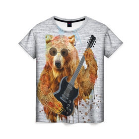 Женская футболка 3D с принтом Медведь с гитарой , 100% полиэфир ( синтетическое хлопкоподобное полотно) | прямой крой, круглый вырез горловины, длина до линии бедер | Тематика изображения на принте: гитара