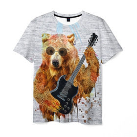 Мужская футболка 3D с принтом Медведь с гитарой , 100% полиэфир | прямой крой, круглый вырез горловины, длина до линии бедер | гитара