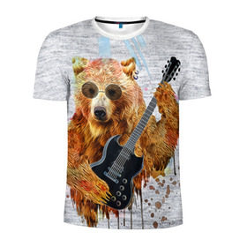 Мужская футболка 3D спортивная с принтом Медведь с гитарой , 100% полиэстер с улучшенными характеристиками | приталенный силуэт, круглая горловина, широкие плечи, сужается к линии бедра | гитара