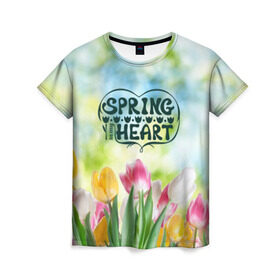 Женская футболка 3D с принтом Весна в моем сердце , 100% полиэфир ( синтетическое хлопкоподобное полотно) | прямой крой, круглый вырез горловины, длина до линии бедер | Тематика изображения на принте: heart | весенний макет с тюльпанами поднимет настроение вам и окружающимspring | весна | сердце | тюльпан | цветы