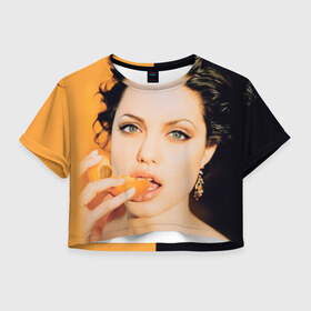Женская футболка 3D укороченная с принтом Анжелина Джоли , 100% полиэстер | круглая горловина, длина футболки до линии талии, рукава с отворотами | angelina jolie | американская актриса | анжелина джоли | режиссёр | фотомодель | ценарист