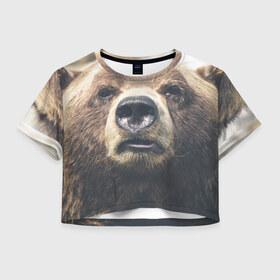 Женская футболка 3D укороченная с принтом Русский медведь , 100% полиэстер | круглая горловина, длина футболки до линии талии, рукава с отворотами | медведь | россия | русский | символ | ссср
