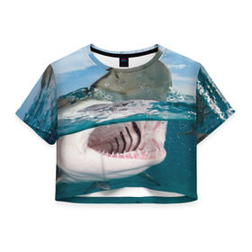 Женская футболка 3D укороченная с принтом Хищная акула , 100% полиэстер | круглая горловина, длина футболки до линии талии, рукава с отворотами | акула | море | океан | природа | хищник