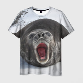 Мужская футболка 3D с принтом Морской тюлень , 100% полиэфир | прямой крой, круглый вырез горловины, длина до линии бедер | животное | зима | море | океан | снег | тюлень