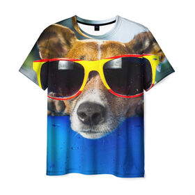 Мужская футболка 3D с принтом Пес в очках , 100% полиэфир | прямой крой, круглый вырез горловины, длина до линии бедер | отдых | очки | пес | собака | щенок