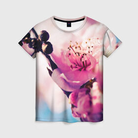 Женская футболка 3D с принтом Цветущая вишня , 100% полиэфир ( синтетическое хлопкоподобное полотно) | прямой крой, круглый вырез горловины, длина до линии бедер | вишня | дерево | небо | природа | черешня | ягода