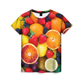 Женская футболка 3D с принтом Мультифрукт , 100% полиэфир ( синтетическое хлопкоподобное полотно) | прямой крой, круглый вырез горловины, длина до линии бедер | апельсин | ежевика | киви | клубника | лимон | яблоко