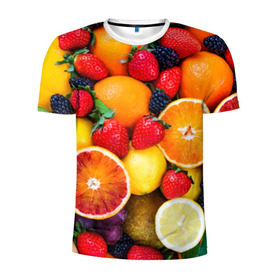 Мужская футболка 3D спортивная с принтом Мультифрукт , 100% полиэстер с улучшенными характеристиками | приталенный силуэт, круглая горловина, широкие плечи, сужается к линии бедра | апельсин | ежевика | киви | клубника | лимон | яблоко