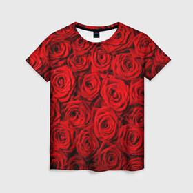 Женская футболка 3D с принтом Красные розы , 100% полиэфир ( синтетическое хлопкоподобное полотно) | прямой крой, круглый вырез горловины, длина до линии бедер | букет | лепесток | роза | розы | цвет | цветок