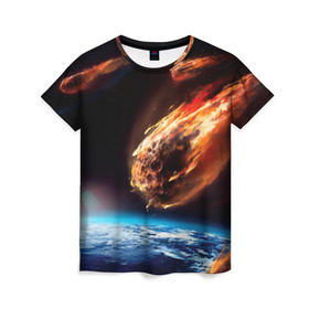 Женская футболка 3D с принтом Метеориты , 100% полиэфир ( синтетическое хлопкоподобное полотно) | прямой крой, круглый вырез горловины, длина до линии бедер | астероид | земля | космос | метеор | планета