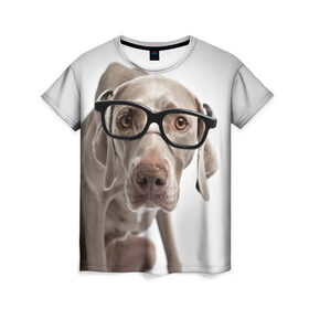 Женская футболка 3D с принтом Собака в очках , 100% полиэфир ( синтетическое хлопкоподобное полотно) | прямой крой, круглый вырез горловины, длина до линии бедер | в очках | дог | животное | очки | прикол | пятнистый | собака | щенок