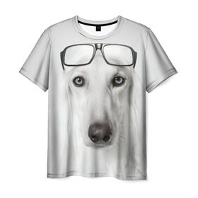 Мужская футболка 3D с принтом Собака в очках , 100% полиэфир | прямой крой, круглый вырез горловины, длина до линии бедер | Тематика изображения на принте: афганская | белая | борзая | в очках | животное | очки | прикол | собака