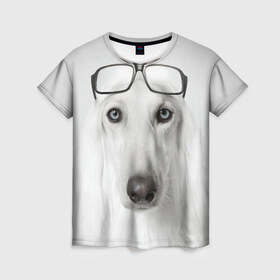 Женская футболка 3D с принтом Собака в очках , 100% полиэфир ( синтетическое хлопкоподобное полотно) | прямой крой, круглый вырез горловины, длина до линии бедер | афганская | белая | борзая | в очках | животное | очки | прикол | собака