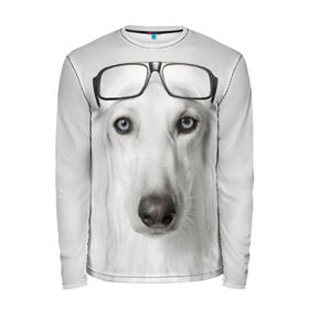 Мужской лонгслив 3D с принтом Собака в очках , 100% полиэстер | длинные рукава, круглый вырез горловины, полуприлегающий силуэт | Тематика изображения на принте: афганская | белая | борзая | в очках | животное | очки | прикол | собака