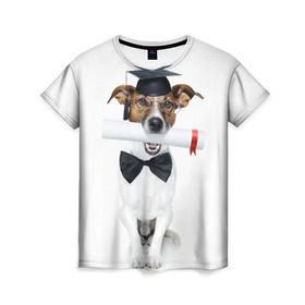 Женская футболка 3D с принтом Собака выпускник , 100% полиэфир ( синтетическое хлопкоподобное полотно) | прямой крой, круглый вырез горловины, длина до линии бедер | бабочка | галстук | диплом | магистр | пес