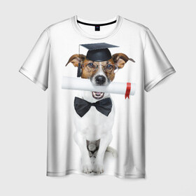 Мужская футболка 3D с принтом Собака выпускник , 100% полиэфир | прямой крой, круглый вырез горловины, длина до линии бедер | бабочка | галстук | диплом | магистр | пес