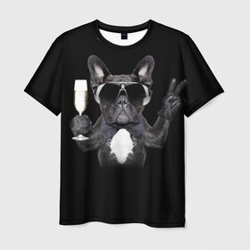 Мужская футболка 3D с принтом Бульдог в очках , 100% полиэфир | прямой крой, круглый вырез горловины, длина до линии бедер | бульдог | в очках | знак | очки | перчатка | победа | французский | фужер
