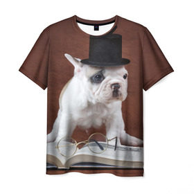 Мужская футболка 3D с принтом Бульдог в цилиндре , 100% полиэфир | прямой крой, круглый вырез горловины, длина до линии бедер | бульдог в цилиндре | домашнее | животное | книга французский | очки | пес | прикол | собака | умный | ученый