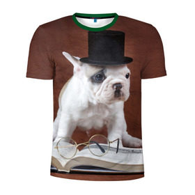 Мужская футболка 3D спортивная с принтом Бульдог в цилиндре , 100% полиэстер с улучшенными характеристиками | приталенный силуэт, круглая горловина, широкие плечи, сужается к линии бедра | бульдог в цилиндре | домашнее | животное | книга французский | очки | пес | прикол | собака | умный | ученый