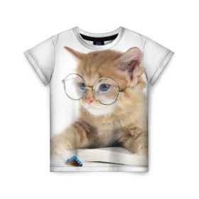 Детская футболка 3D с принтом Кот в очках , 100% гипоаллергенный полиэфир | прямой крой, круглый вырез горловины, длина до линии бедер, чуть спущенное плечо, ткань немного тянется | домашнее | животное | книга | кот | кот в очках | котэ | очки | прикол | умный | ученый | читает