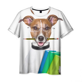 Мужская футболка 3D с принтом Ученый пес , 100% полиэфир | прямой крой, круглый вырез горловины, длина до линии бедер | домашнее | животное | карандаш | книги | очки | ошейник | пес | прикол | собака в очках | умный | ученый