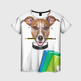 Женская футболка 3D с принтом Ученый пес , 100% полиэфир ( синтетическое хлопкоподобное полотно) | прямой крой, круглый вырез горловины, длина до линии бедер | домашнее | животное | карандаш | книги | очки | ошейник | пес | прикол | собака в очках | умный | ученый