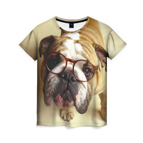 Женская футболка 3D с принтом Бульдог в очках , 100% полиэфир ( синтетическое хлопкоподобное полотно) | прямой крой, круглый вырез горловины, длина до линии бедер | бульдог в очках | домашнее | животное | очки | пес | прикол | собака | умный | ученый