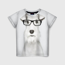 Детская футболка 3D с принтом Собака в очках , 100% гипоаллергенный полиэфир | прямой крой, круглый вырез горловины, длина до линии бедер, чуть спущенное плечо, ткань немного тянется | белый | домашнее | животное | очки | пес | прикол | собака в очках | умный | ученый | эрдельтерьер