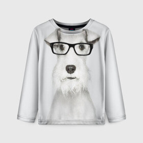 Детский лонгслив 3D с принтом Собака в очках , 100% полиэстер | длинные рукава, круглый вырез горловины, полуприлегающий силуэт
 | белый | домашнее | животное | очки | пес | прикол | собака в очках | умный | ученый | эрдельтерьер