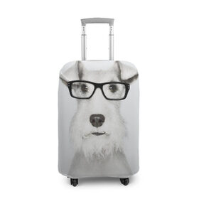 Чехол для чемодана 3D с принтом Собака в очках , 86% полиэфир, 14% спандекс | двустороннее нанесение принта, прорези для ручек и колес | Тематика изображения на принте: белый | домашнее | животное | очки | пес | прикол | собака в очках | умный | ученый | эрдельтерьер