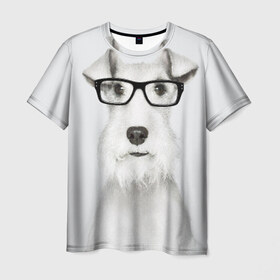 Мужская футболка 3D с принтом Собака в очках , 100% полиэфир | прямой крой, круглый вырез горловины, длина до линии бедер | Тематика изображения на принте: белый | домашнее | животное | очки | пес | прикол | собака в очках | умный | ученый | эрдельтерьер