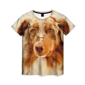 Женская футболка 3D с принтом Собака в очках , 100% полиэфир ( синтетическое хлопкоподобное полотно) | прямой крой, круглый вырез горловины, длина до линии бедер | домашнее | животное | очки | пес | прикол | собака в очках | умный | ученый