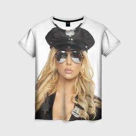 Женская футболка 3D с принтом Девушка полицейский , 100% полиэфир ( синтетическое хлопкоподобное полотно) | прямой крой, круглый вырез горловины, длина до линии бедер | блондинка | девушка | кожа | очки | форма | фуражка