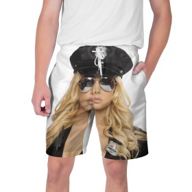 Мужские шорты 3D с принтом Девушка полицейский ,  полиэстер 100% | прямой крой, два кармана без застежек по бокам. Мягкая трикотажная резинка на поясе, внутри которой широкие завязки. Длина чуть выше колен | блондинка | девушка | кожа | очки | форма | фуражка