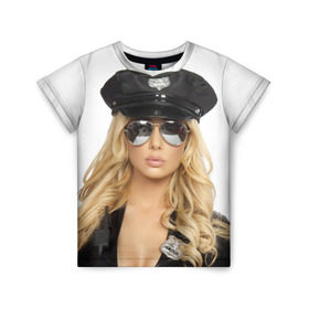 Детская футболка 3D с принтом Девушка полицейский , 100% гипоаллергенный полиэфир | прямой крой, круглый вырез горловины, длина до линии бедер, чуть спущенное плечо, ткань немного тянется | Тематика изображения на принте: блондинка | девушка | кожа | очки | форма | фуражка