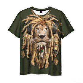 Мужская футболка 3D с принтом Лев , 100% полиэфир | прямой крой, круглый вырез горловины, длина до линии бедер | Тематика изображения на принте: reggae | лев | музыка | наушники | прическа | регги | стиль | ямайка