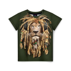 Детская футболка 3D с принтом Лев , 100% гипоаллергенный полиэфир | прямой крой, круглый вырез горловины, длина до линии бедер, чуть спущенное плечо, ткань немного тянется | reggae | лев | музыка | наушники | прическа | регги | стиль | ямайка
