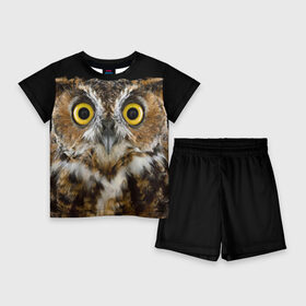 Детский костюм с шортами 3D с принтом Сова ,  |  | взгляд | гипноз | гипнотический | глаза | мистическая | ночная | ночь | птица | сова | фон | хищник | черный