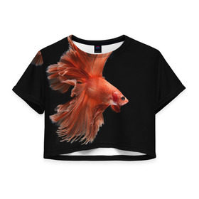 Женская футболка 3D укороченная с принтом Бойцовая рыбка , 100% полиэстер | круглая горловина, длина футболки до линии талии, рукава с отворотами | аквариумная | бойцовая | красивый | плавники | рыба | рыбка | хвост | япаонская